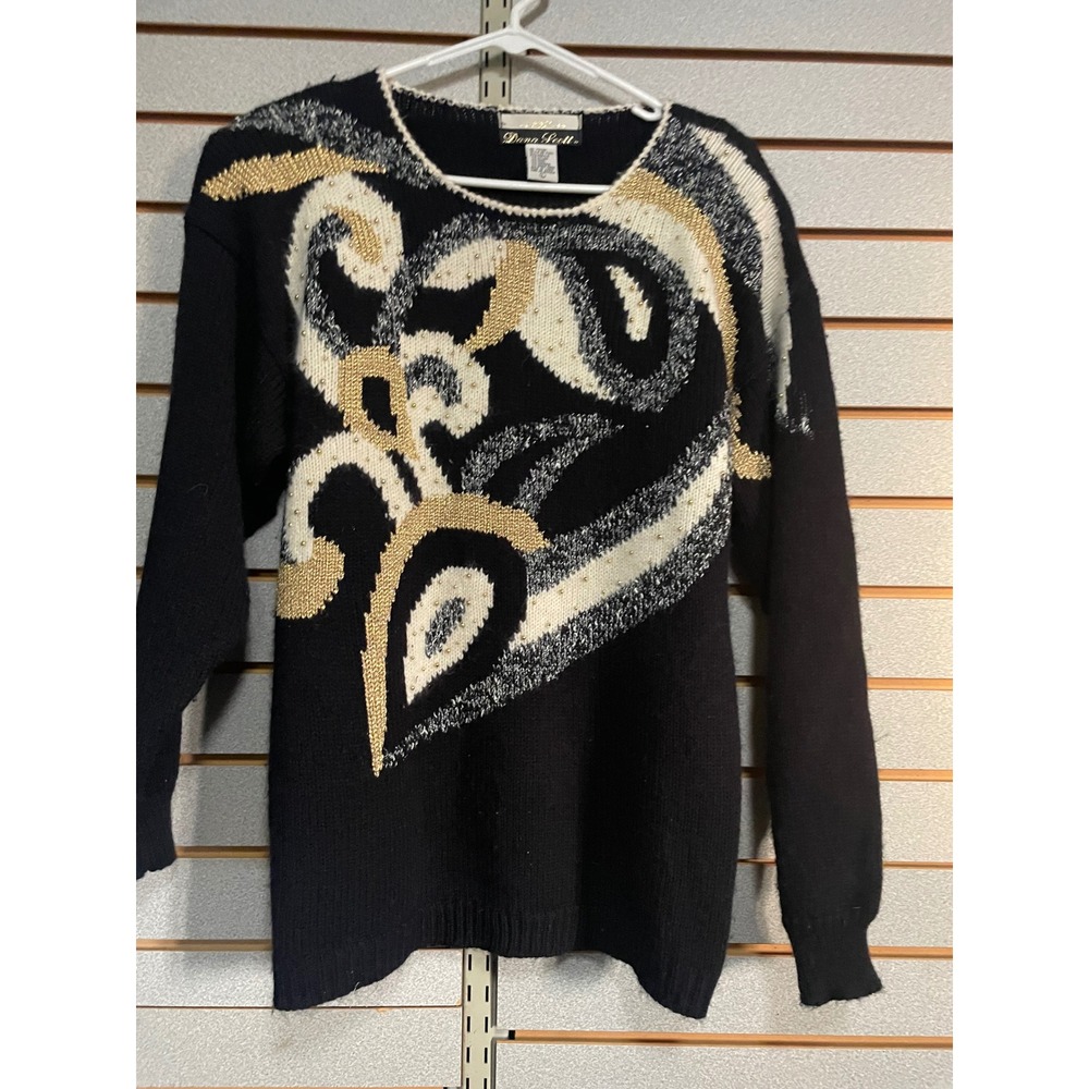 VTG Dana Scott‎ Black Sweater Embellished Swirl Design Long Sleeve Women's L